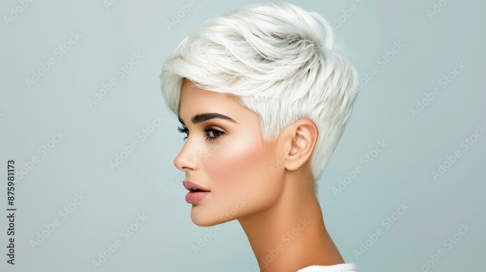Stunning closeup of a caucasian woman with chic short white hair, portraying elegance and confidence. Stunning closeup of a caucasian woman with chic short white hair, portraying elegance and confidence.