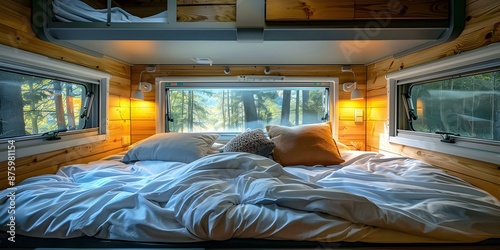 A cozy bedroom in a camper van with a view of the forest