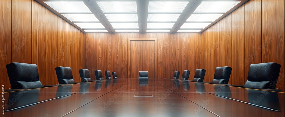 Naklejka premium Large Conference Table with Black Leather Chairs, Wooden Panel Walls, and White Ceiling, Captured from Eye-Level Perspective for Professional Business Setting