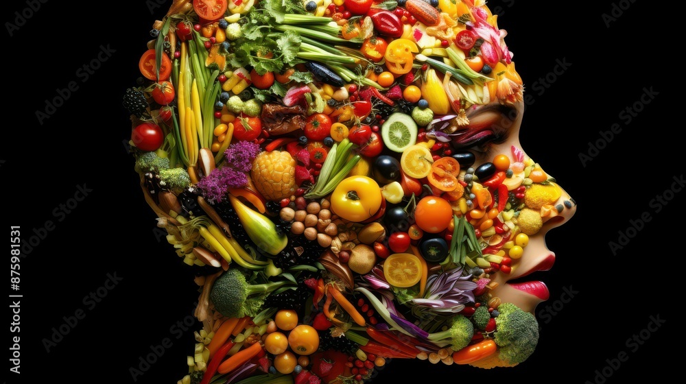 Naklejka premium Create a unique image of a womans face using a variety of vegetables for a visually stunning effect.