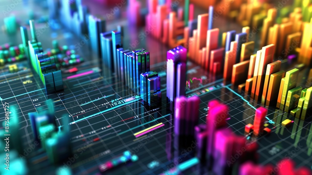 Dynamic 3D Visualization of Economic Data with Bar Graphs and Arrows on Clear Background Dynamic 3D Visualization of Economic Data with Bar Graphs and Arrows on Clear Background