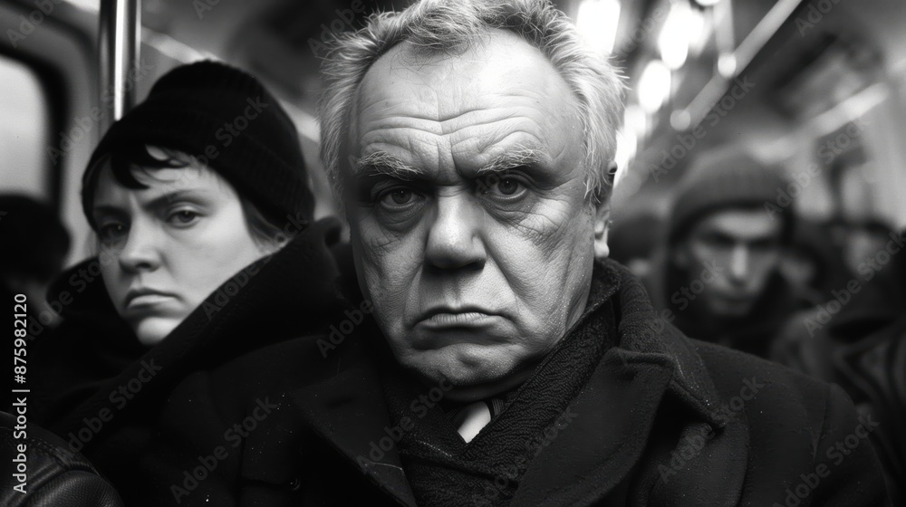 Monochrome close-up portrait of a serious elderly man in a crowded subway, capturing raw emotion and intensity. Monochrome close-up portrait of a serious elderly man in a crowded subway, capturing raw emotion and intensity.
