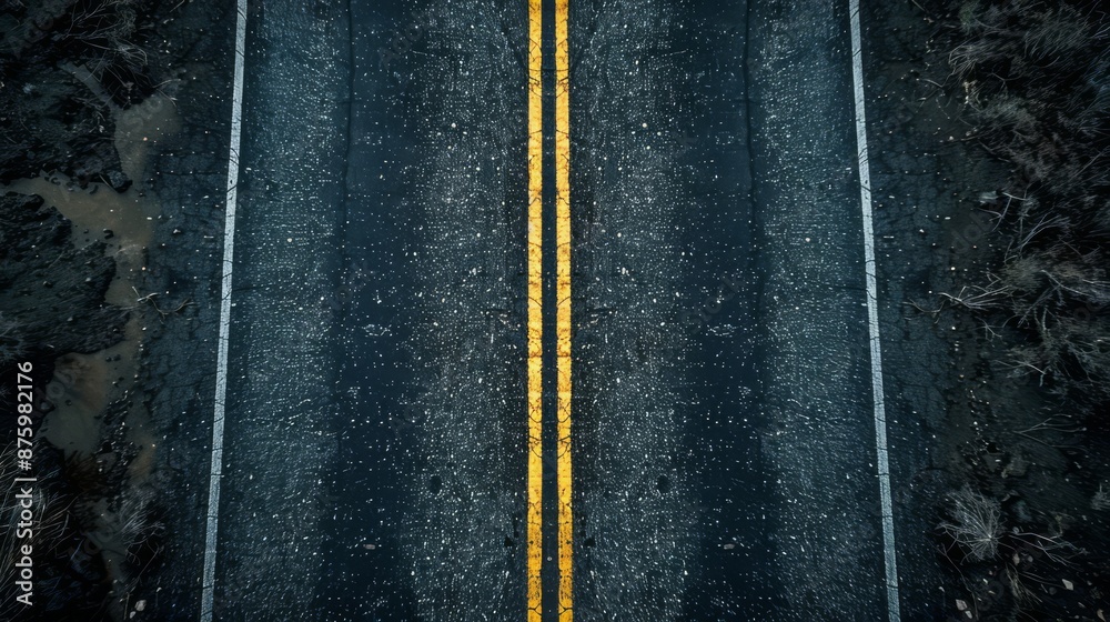 A top view of a straight road segment dark asphalt with perfect double yellow lines down the middle surrounded by an empty landscape created using aerial photography style sharp lines uniform road