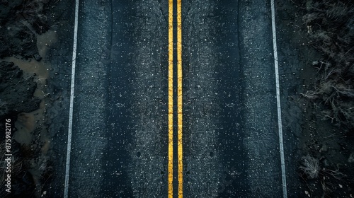 Obraz na płótnie A top view of a straight road segment dark asphalt with perfect double yellow lines down the middle surrounded by an empty landscape created using aerial photography style sharp lines uniform road w salonie