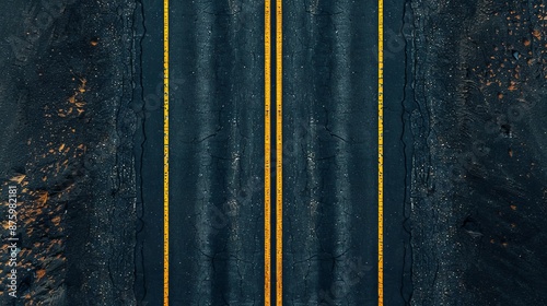 A top view of a straight road segment dark asphalt with perfect double yellow lines down the middle surrounded by an empty landscape created using aerial photography style sharp lines uniform road