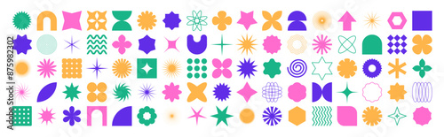Trendy contemporary brutal  and minimalist figures, sparkles, stars, flowes, circles, arches, primitive elements.
Naive playful vector geometric shapes in trendy retro style isolated on a white backgr