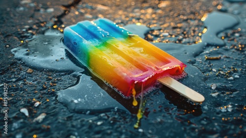 Melted rainbow popsicle on wet asphalt background photo