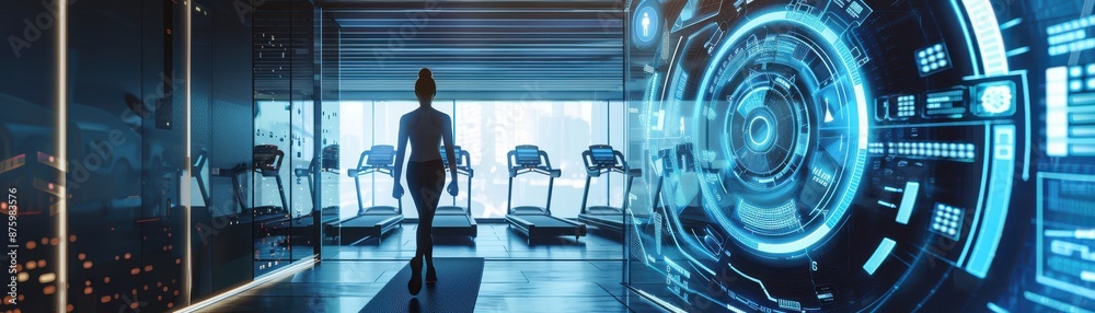 Hyper realistic advanced fitness technology in hightech gym, person exercising, futuristic workout theme Hyper realistic advanced fitness technology in hightech gym, person exercising, futuristic workout theme