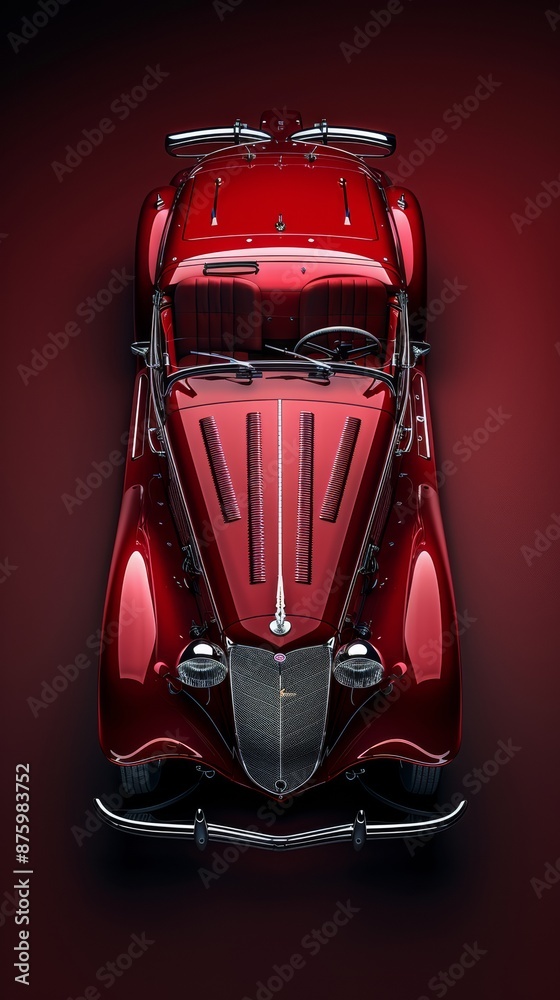 A cinematic shot of a crimson color vintage car in a studio full view shown studio photography polished look highly detailed