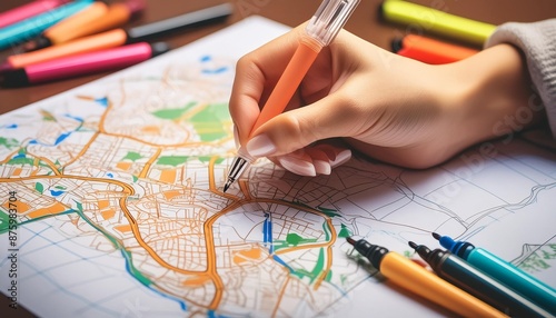 A person's hand drawing a map on a blank white paper sheet with colorful markers.