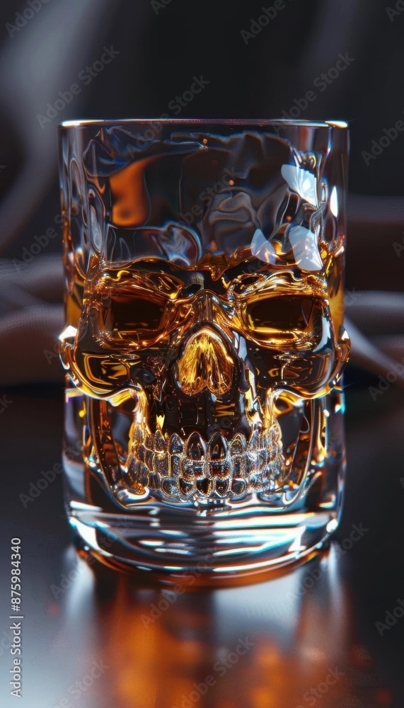 a 3d, textured, realistic sinister skull logo shot glass, full of whiskey, using a subtle layered shadows and lighting and shadows a 3d, textured, realistic sinister skull logo shot glass, full of whiskey, using a subtle layered shadows and lighting and shadows