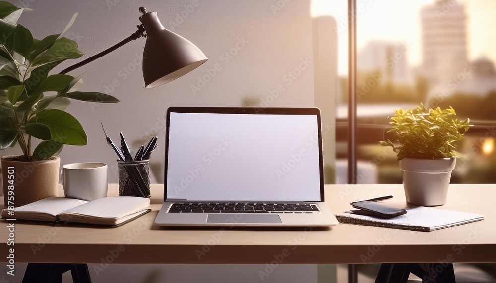 A desk with a blank white paper sheet and a laptop, showcasing workspace creativity. A desk with a blank white paper sheet and a laptop, showcasing workspace creativity.