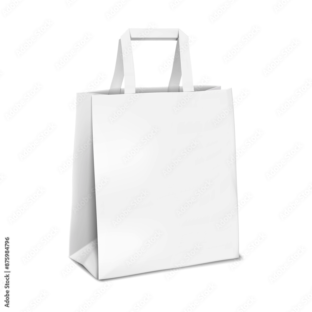 Blank tape handle paper carrier bag isolated on white background. Realistic 3d vector mockup. White square flat bottom package. Mockup. Template for design Blank tape handle paper carrier bag isolated on white background. Realistic 3d vector mockup. White square flat bottom package. Mockup. Template for design