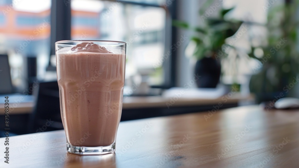 Clear protein shake, office desk, detailed close-up, work environment, Clear protein shake, office desk, detailed close-up, work environment,