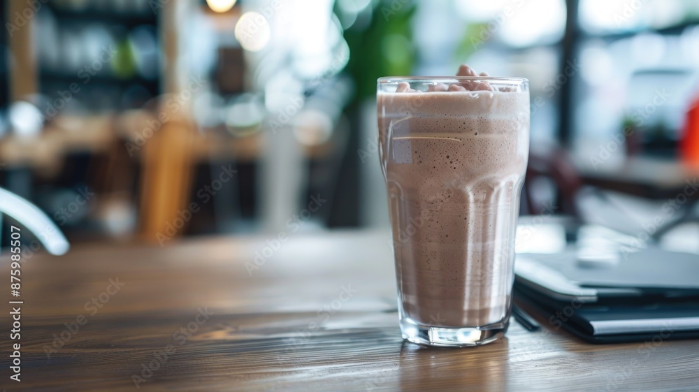 Clear protein shake, office desk, detailed close-up, work environment, Clear protein shake, office desk, detailed close-up, work environment,
