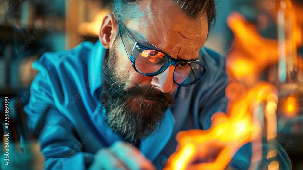 Focused Glassblower Working with Flame Focused Glassblower Working with Flame