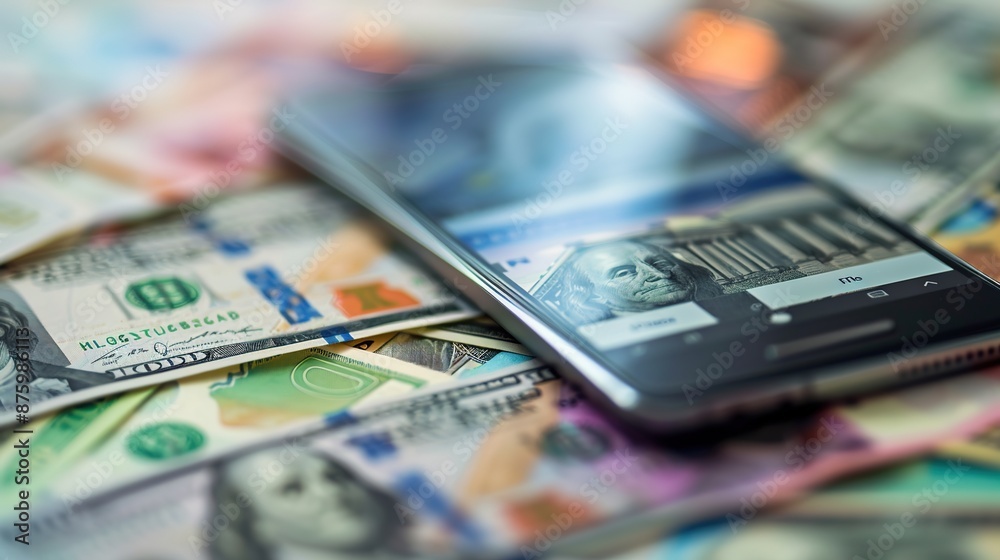 Digital Financial Transactions: Money Transfer App on Smartphone with Blurred Banknotes Background