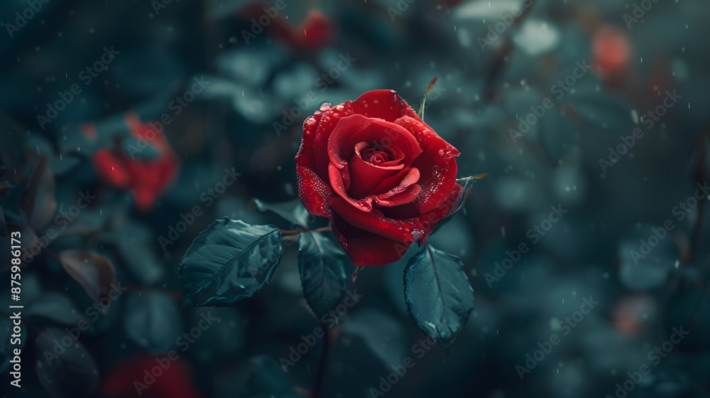 A red rose is the main focus of the image, with its petals and stem visible