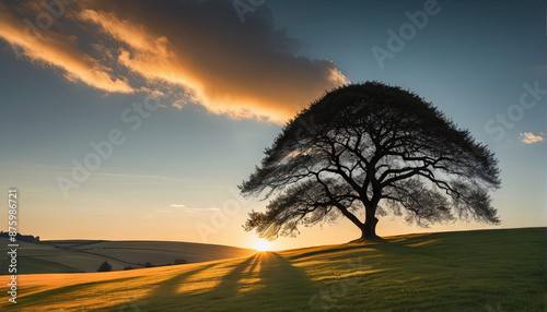 Golden Hour Sunset Scene with Tree on Rolling Hill