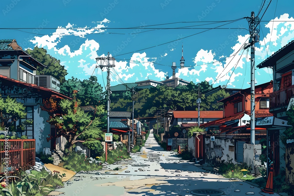 Fototapeta premium Japanese Street Illustration With Blue Sky And White Clouds
