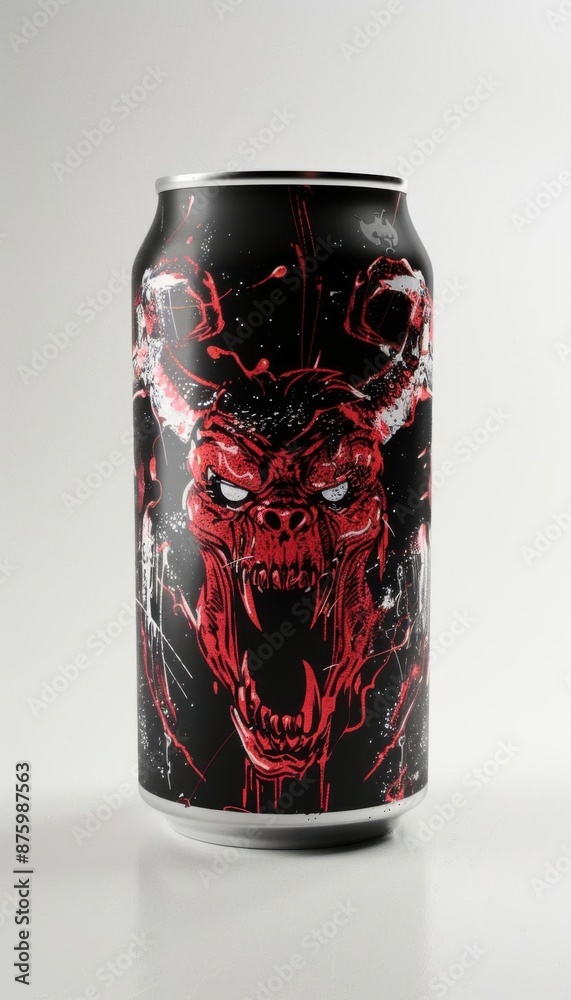 Fototapeta premium can of soda, devil image logo, white background, metal can, cinematic