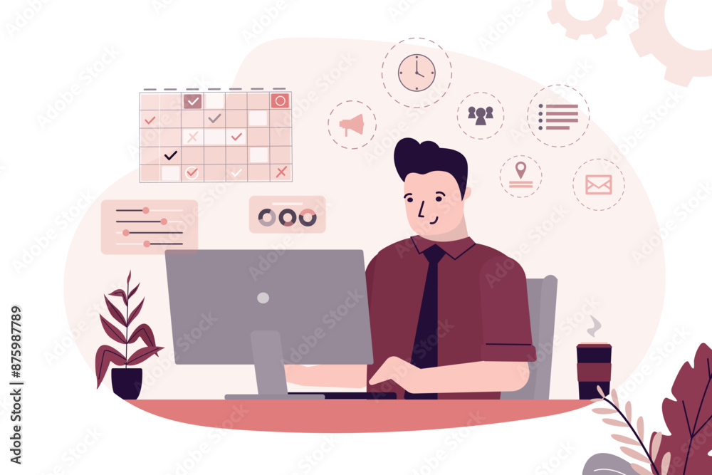 Confident businessman with calendar and planner. Date and time scheduler. Time management, efficiency in business, work productivity. Confident businessman with calendar and planner. Date and time scheduler. Time management, efficiency in business, work productivity.
