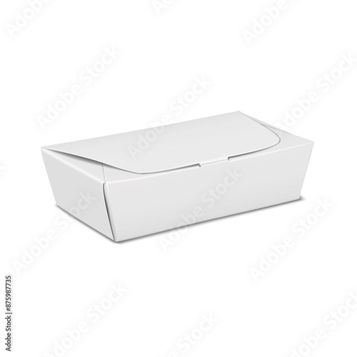 White blank flat pack box with locking lid for small food items. Realistic 3d vector mock-up. Cardboard gift box. Mockup. Chocolate, fudge and other treats packaging. Template for design