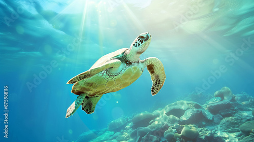 Sea turtle swimming under the sea.