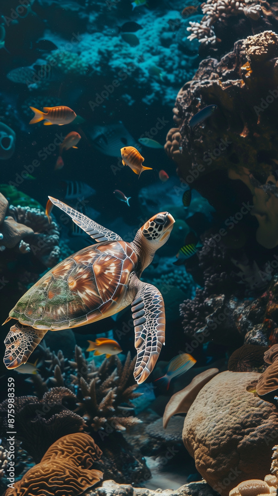 Fototapeta premium Sea turtle swimming next to coral reef.