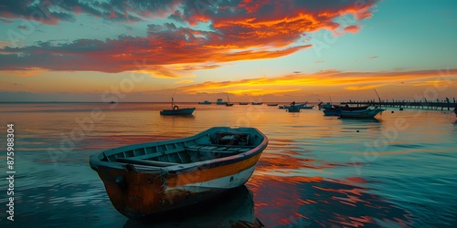 Fishing boat on the beach at sunset photo