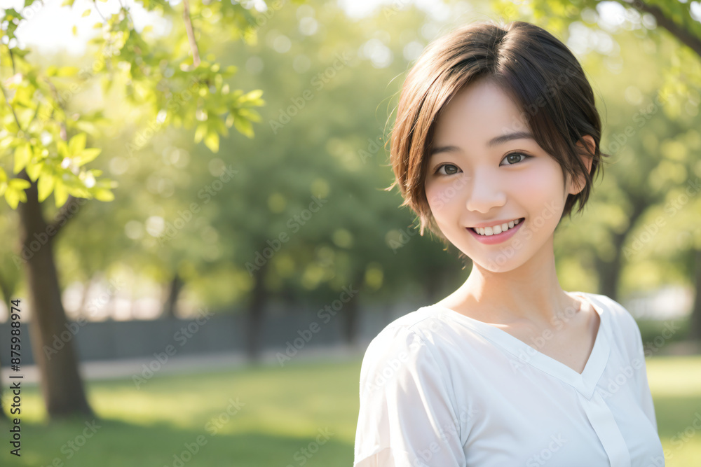 新緑をバックに笑顔を浮かべる美しいアジア人女性