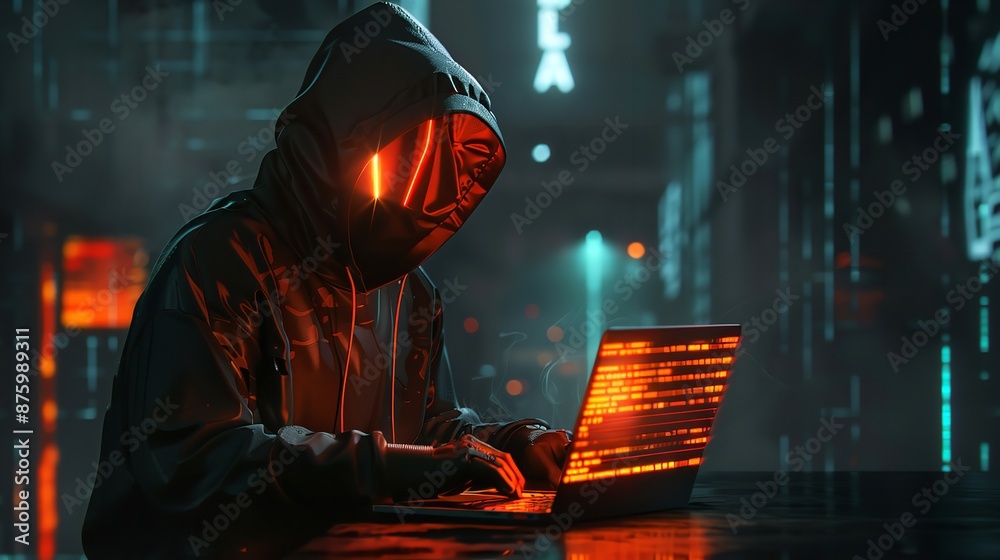 A hacker with a laptop on a dark background A hacker with a laptop on a dark background
