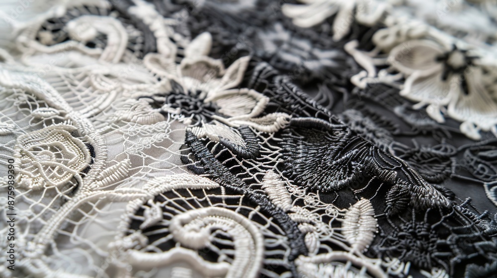 Obraz premium Exquisite Monochrome Lace: Intricate Patterns on Textured Fabric