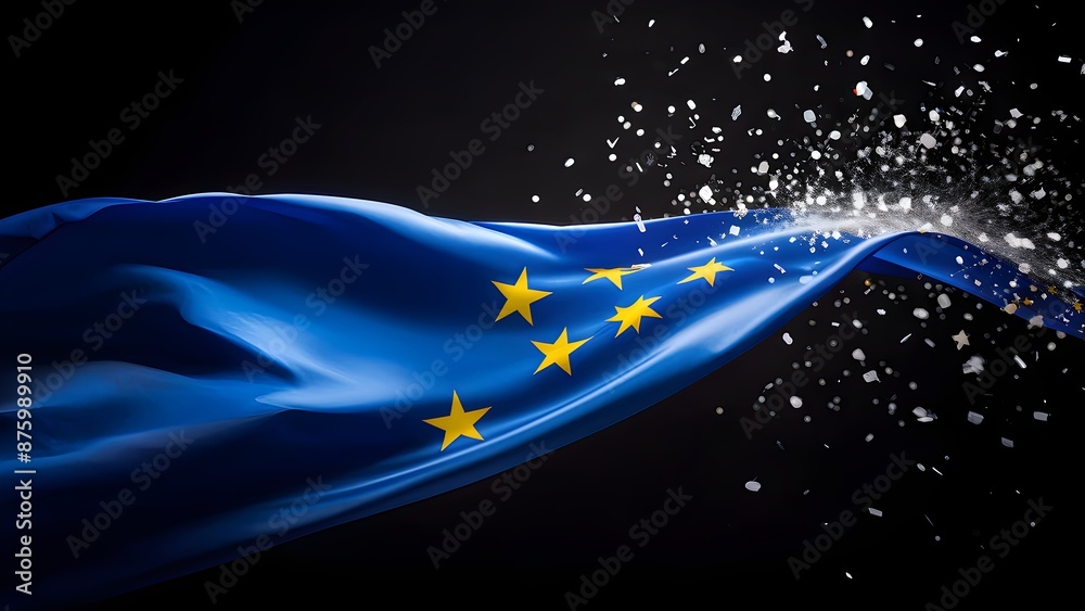 Exploding Flags Euros Exploding blue European Union flag with stars on black background with ...