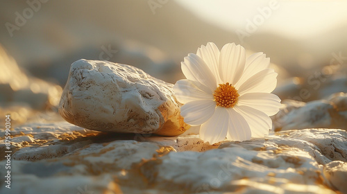 zen stones and flower, a rock next to a white flower, cozy background