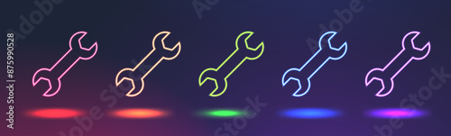 Set of neon wrench icons on dark background. Glowing linear tool symbol. Vector Illustration