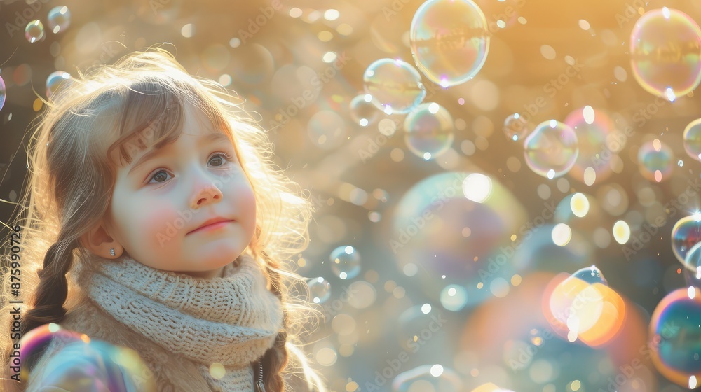 A little girl in soap bubbles. Happy childhood. AI generative. A little girl in soap bubbles. Happy childhood. AI generative.