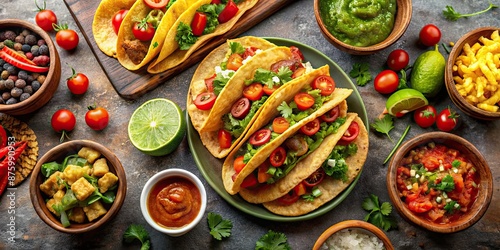 Authentic Mexican cuisine featuring tacos, guacamole, salsa, and churros, Mexican food, cuisine, tacos, guacamole photo