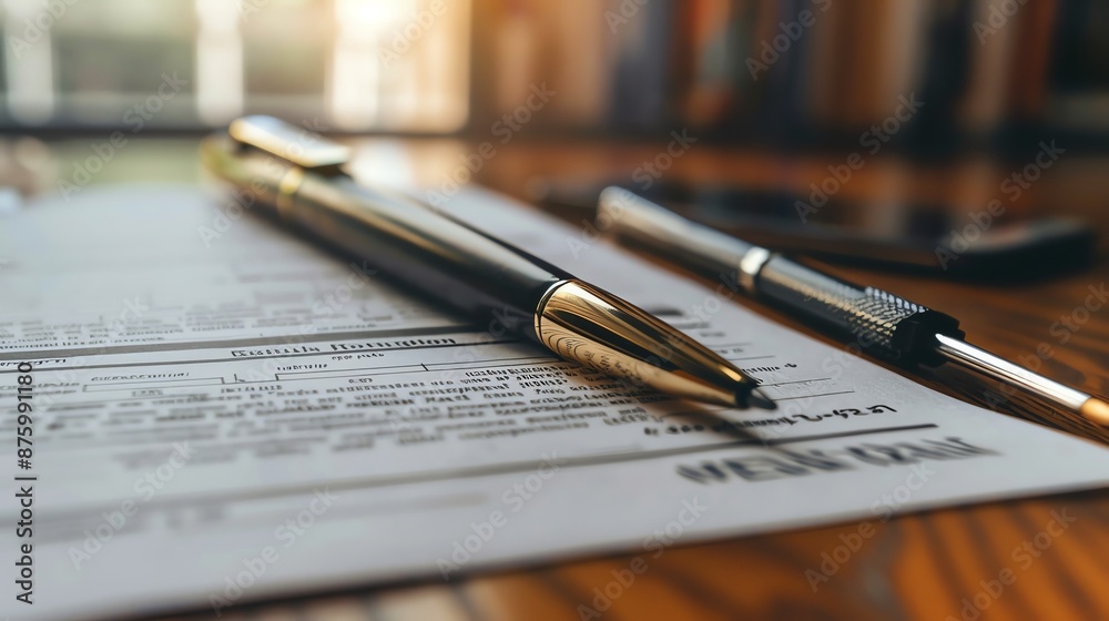 Fototapeta premium Close-up of pens on a contract document, depicting legal, business, and agreement concepts on a blurred office background.