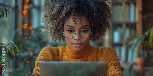 Focused African Teen Girl Studying Online at Home