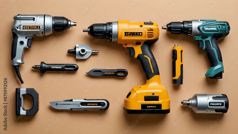 A collection of power tools on a beige background. A collection of power tools on a beige background.