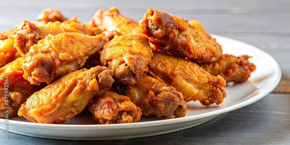 A close-up photo of golden brown fried chicken wings on a white plate , crispy, delicious, food, cooking, meal, crunchy, unhealthy A close-up photo of golden brown fried chicken wings on a white plate , crispy, delicious, food, cooking, meal, crunchy, unhealthy