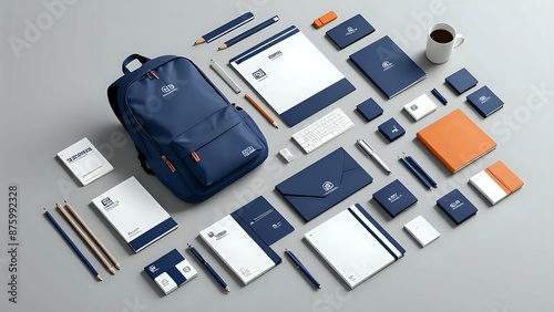 Corporate branding mockup with blue and orange stationery, a backpack, pens and pencils on a grey background.