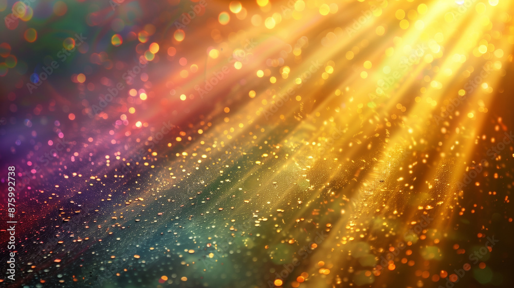Abstract background of golden rainbow light and sparkling bokeh