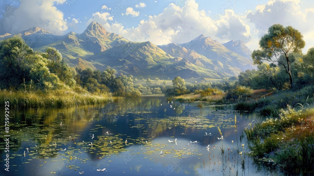 Tranquil lake reflecting towering mountains Tranquil lake reflecting towering mountains