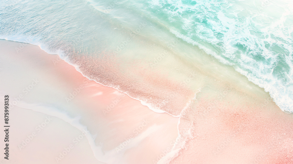 Fototapeta premium Sea surf on a pink sand beach from a bird's eye view
