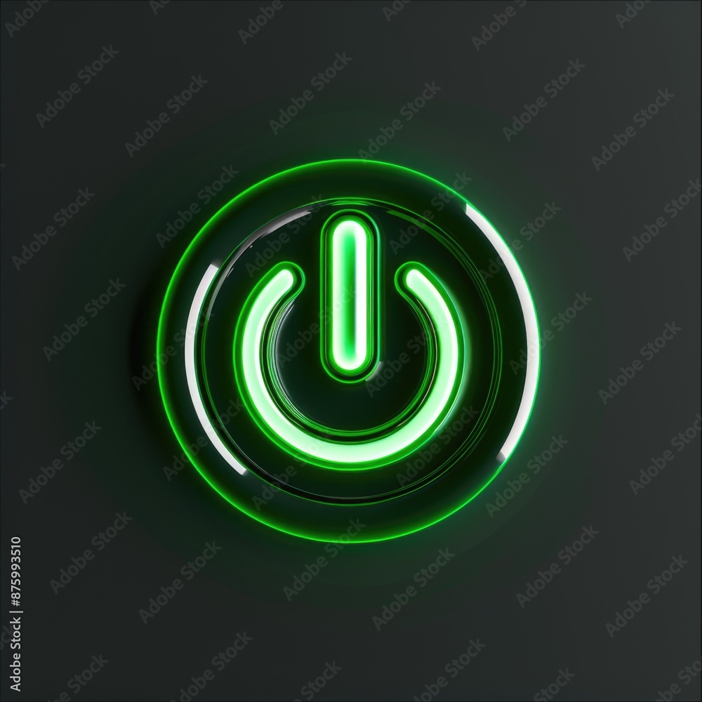 Round green neon power button logo on a black background. 3D style. AI generative. Round green neon power button logo on a black background. 3D style. AI generative.
