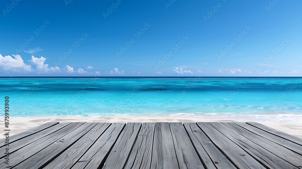 Fototapeta premium Wooden table with a blue sea and sky background, depicting a summer vacation concept, in a panoramic banner style for product display or presentation mockup design template. High resolution 8K image.