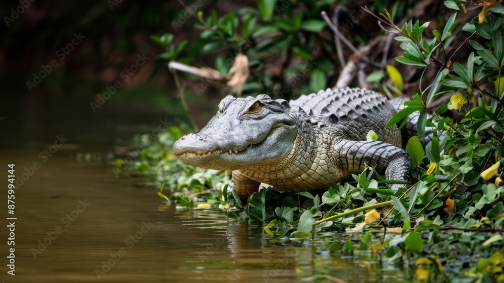 An alligator is sitting on the bank of a river, AI An alligator is sitting on the bank of a river, AI