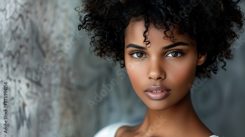 A beautiful black woman with natural hair posing in front of an urban graffiti wall, her face lit by the soft glow of daylight, showcasing detailed features and texture on her curly afro hairstyle,
